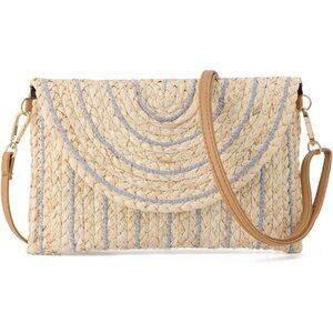 Blue Straw Woven Shoulder Bag Womens Crossbody Envelope Clutch Stylish Durable